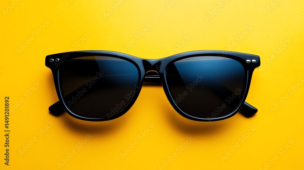A pair of classic black sunglasses rests on a vibrant yellow background. A pair of classic black sunglasses rests on a vibrant yellow background.
