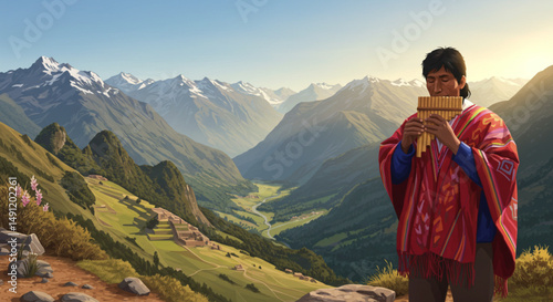  Andean Man Playing Pan Flute in Colorful Poncho – Peruvian Mountain Scene Vector Illustration