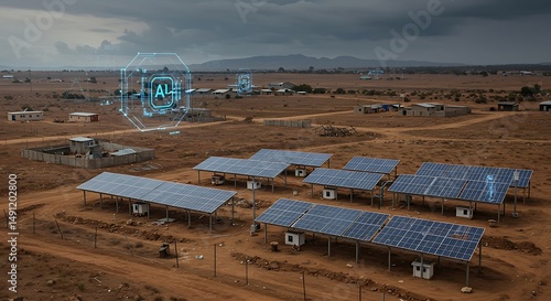 Rural solar panel installation with technology overlay