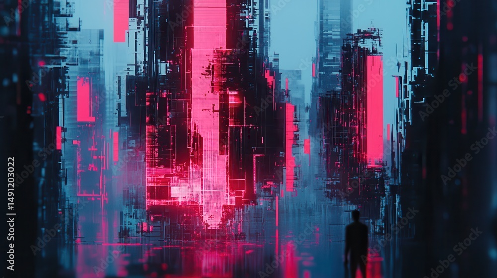 Obraz premium Futuristic Cityscape with Neon Lights and Abstract Digital Elements