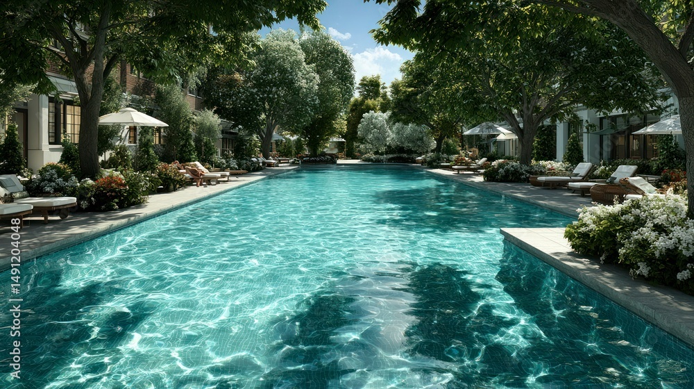 Fototapeta premium Serene Outdoor Pool Surrounded by Lush Greenery and Comfortable Lounging Areas for Relaxation a