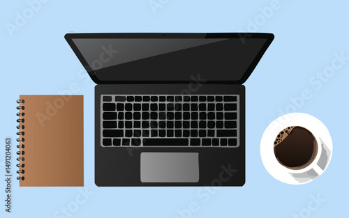 laptop with cup of coffee and notebook - vector illustration