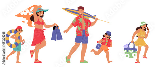 Happy family cartoon characters carrying beach accessories going at seashore to swim and having fun