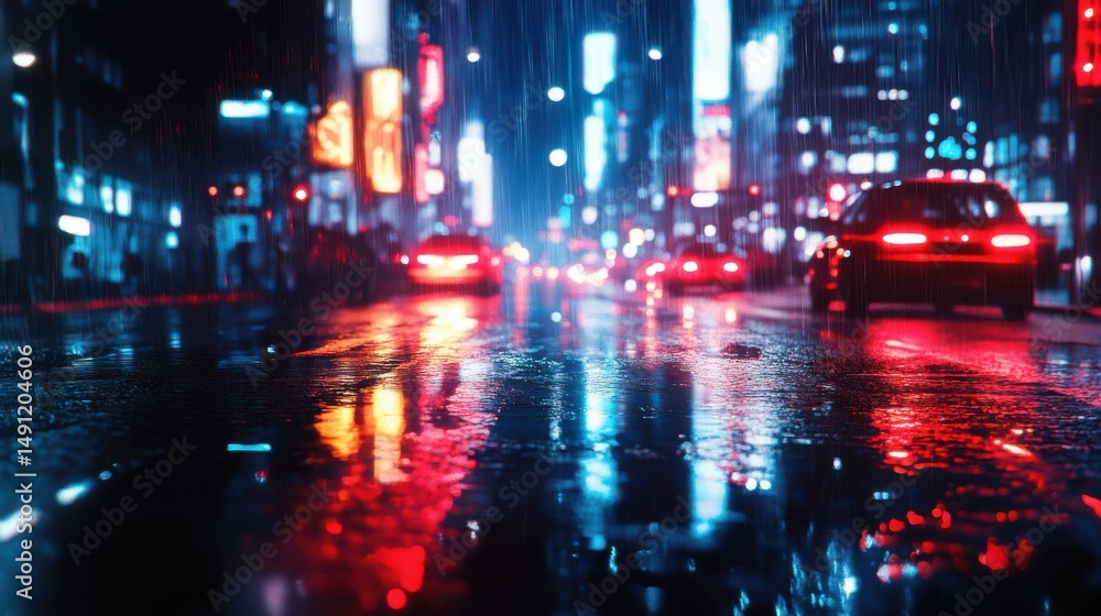 Neon Night Urban Scene with Cars and Rain Reflections in Tokyo Neon Night Urban Scene with Cars and Rain Reflections in Tokyo
