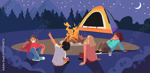 Happy kids friends resting at tent camp spending evening time together on nature cartoon scene