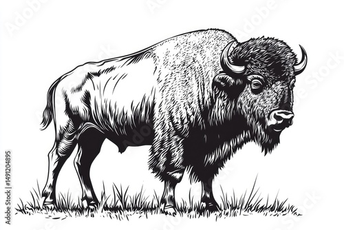 Detailed black and white illustration of a bison.