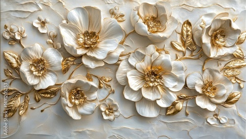 Ornate floral wall decor.  Exquisitely sculpted white flowers with gold accents,  detailed leaves and branches.  Textured backdrop