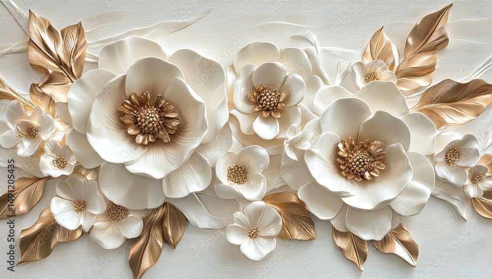 Ornate white flowers and gold leaves embossed on a white surface. Detailed 3D floral design with embossed textures Ornate white flowers and gold leaves embossed on a white surface. Detailed 3D floral design with embossed textures