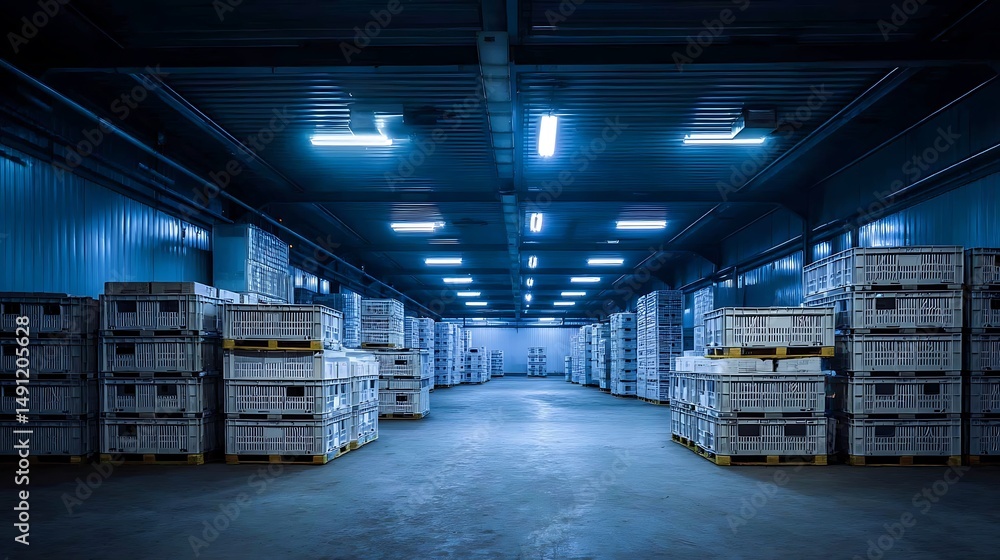 A Cold Storage Warehouse Filled with Goods and Products A Cold Storage Warehouse Filled with Goods and Products