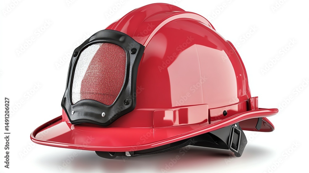 Fototapeta premium A firefighters helmet sits isolated on a reflective white surface.