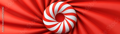 A red and white spiral candy on a red fabric surface.