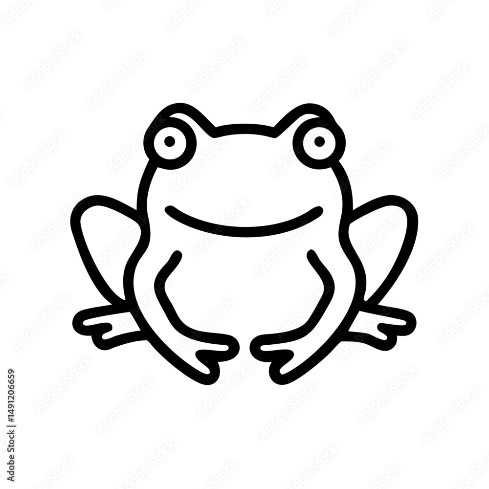 Fototapeta premium Simple outline drawing of a smiling amphibian with big eyes and webbed feet on a white background