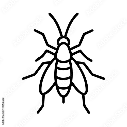 A simple graphic of a wasp with wings and antennae in black lines against a white background