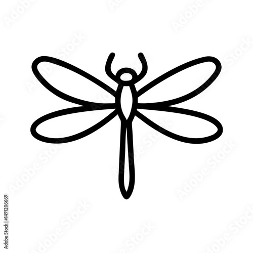 Stylized graphic depiction of a dragonfly with prominent wings and simplified body design element