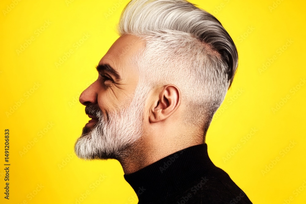 Obraz premium Fashionable men's fade haircut - midlife arabian man with middle hair. A man with expressive eyes and a joyful gaze. Yellow solid background. Visual idea of style for aging men.