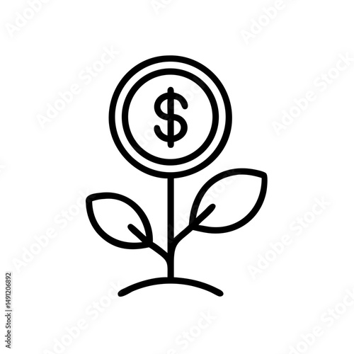 A coin with dollar sign growing like a plant with leaves on a mound, financial growth concept is shown