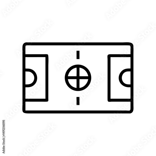 Simple line drawing of a sports arena with goals and center circle design showing the field layout