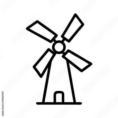Simple graphic showing a farm structure with rotating blades against a white background design element