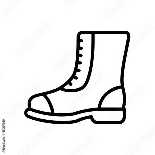 Outline drawing of a laced work boot with a thick sole and a reinforced toe and heel area design