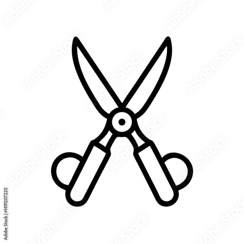 Outline drawing of a pair of open shears with handles and blades on a white isolated background design