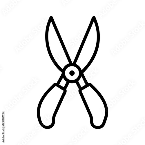 Outline graphic depicting a pair of open garden shears with black handles and blades isolated on white ground