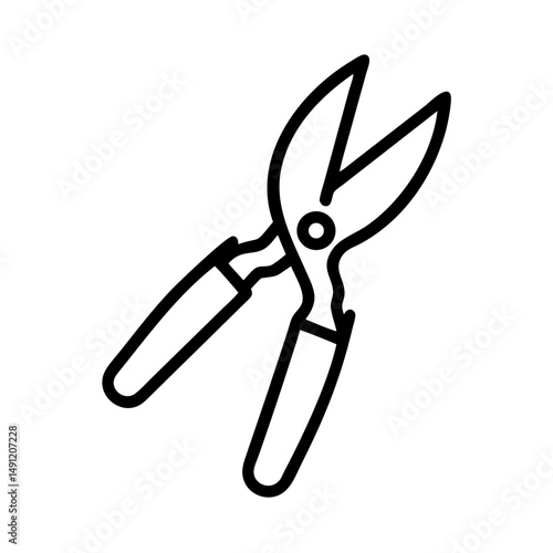 A close up of metal shears with black outline and white fill on a plain background shown diagonally