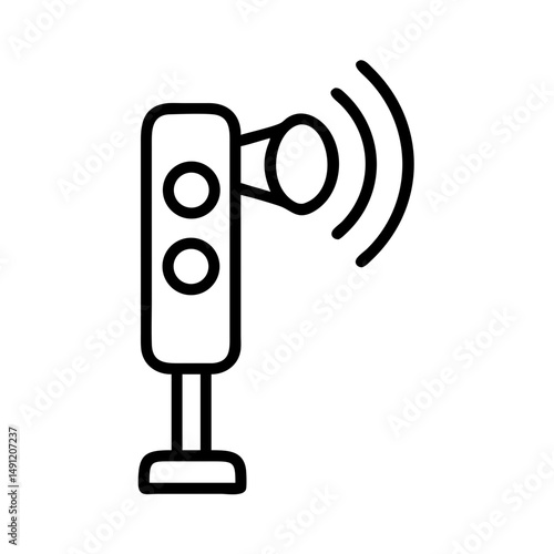Outline drawing of a speaker with two circles on a stand emitting sound waves to the right side view 100