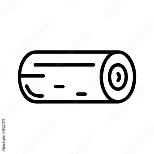 A simple outline of a log with bark markings and rings on the end, presented horizontally