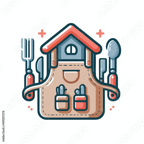apron, illustration, chef, kitchen, uniform, isolated, restaurant, cook, cooking, vector, culinary, design, food, fabric, background, apparel, work, woman, white, waiter, black, clothing, clothes, ico