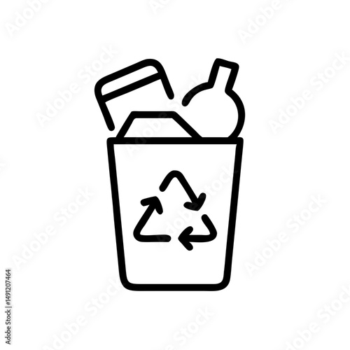 Outline drawing of a trash can filled with discarded items and a symbol for repurposing materials