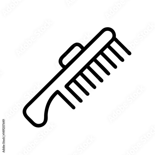 A simple graphic of a grooming tool with handle and teeth for styling or detangling hair shown