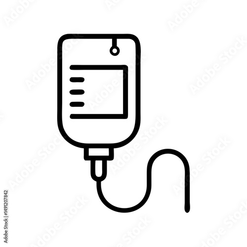 Outline drawing of an intravenous drip bag with fluid level indicators and attached tubing present