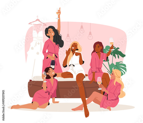 Young bride with girls friends celebrating marriage enjoying home pajama party cartoon scene