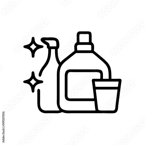 Outline drawing of cleaning supplies with two bottles, a cup, and sparkle effects around it