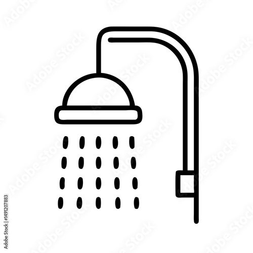 Outline graphic of a shower head with water droplets falling down in a simple design style