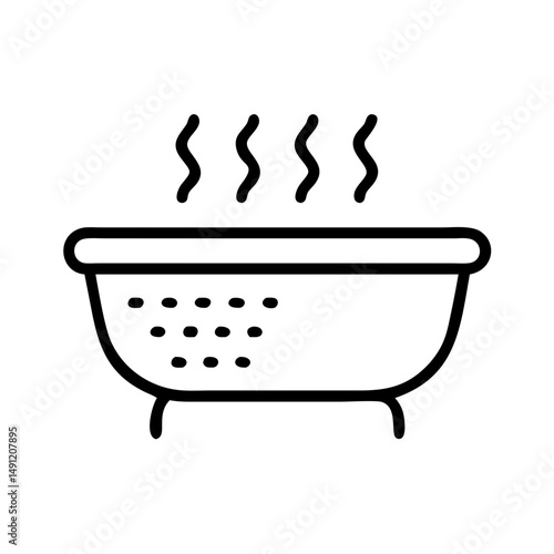 Outline drawing of a colander with steam rising from it in a simple and clean graphic style