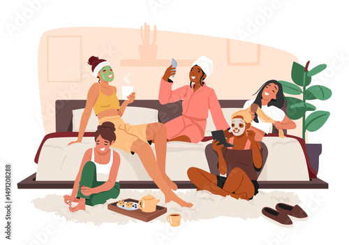 Young women gathering together on pajama party sharing gossips enjoying cosmetics procedure scene