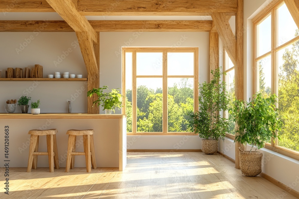 Fototapeta premium The Modern Farmhouse Kitchen Island with Exposed Beams represents a luxurious kitchen design featuring a spacious island, crisp white cabinetry, and an abundance of natural light, all accentuated by