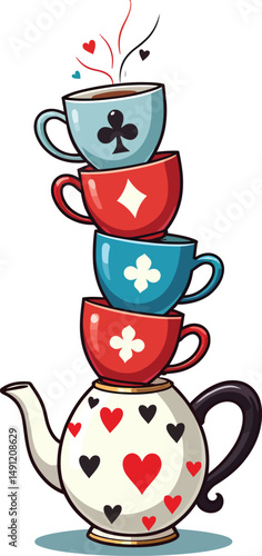 Whimsical tea party illustration with stacked teacups and teapot drawing for kids and adults alike