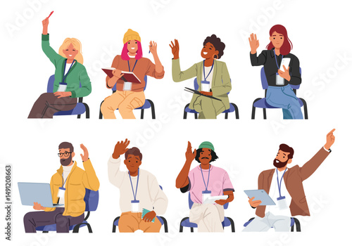 Diverse people cartoon characters raising hands to ask questions on business training isolated set
