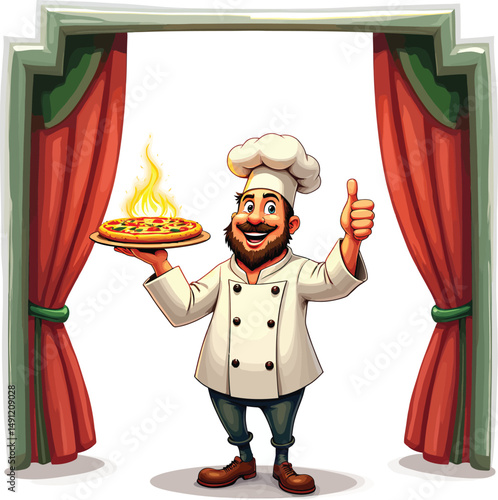 Cartoon chef holding pizza with flames in restaurant setting illustration for food blog and menu design