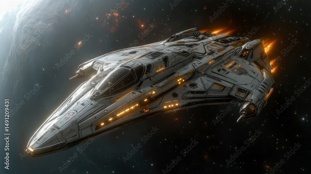 Futuristic spacecraft flying near a planet and starfield Futuristic spacecraft flying near a planet and starfield