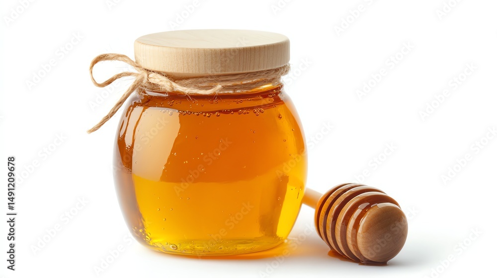 A glass jar filled with honey sits on a wooden dipper. A glass jar filled with honey sits on a wooden dipper.