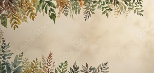 Rustic watercolor foliage border on bifold program , cream, frame, minimalist