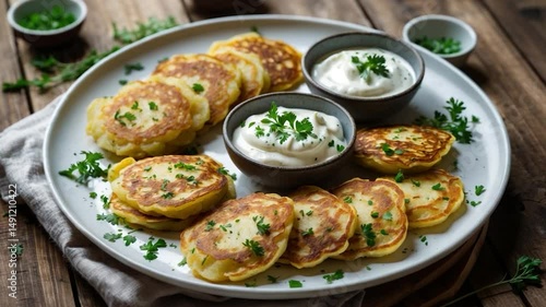 Wallpaper Mural A serving of newly made potato pancakes decorated with herbs, alongside small bowls of sour cream and sauce. Torontodigital.ca