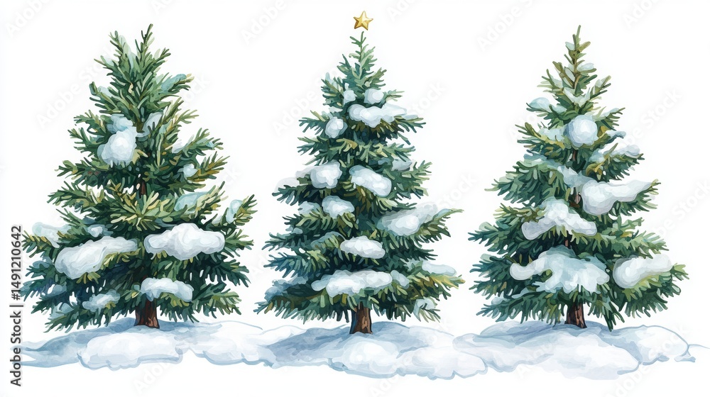 Obraz premium In the Winter Wonderland Treescape, a snowy landscape serves as the backdrop for three stylized green trees, creating a simple and charming winter atmosphere