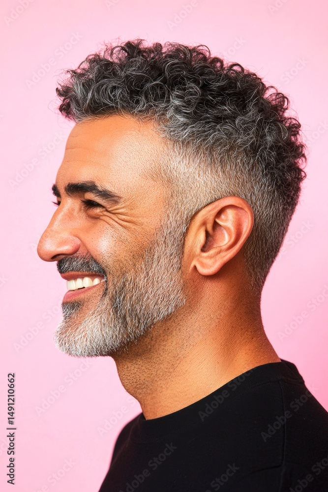 Obraz premium Modish men's low fade haircut - midlife middle eastern man with curly hair. A man with timeless elegance and a natural smile. Creative of style for aging men. Pink solid background.