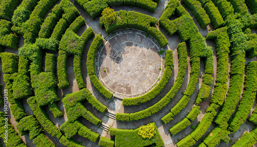 Aerial view of circular green hedge maze with stone center in summer garden.