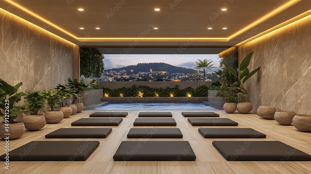 Fototapeta premium This serene yoga studio features a tranquil space for practice, an indoor pool, and a stunning view of the city, filled with natural light, creating a relaxing environment that embodies the