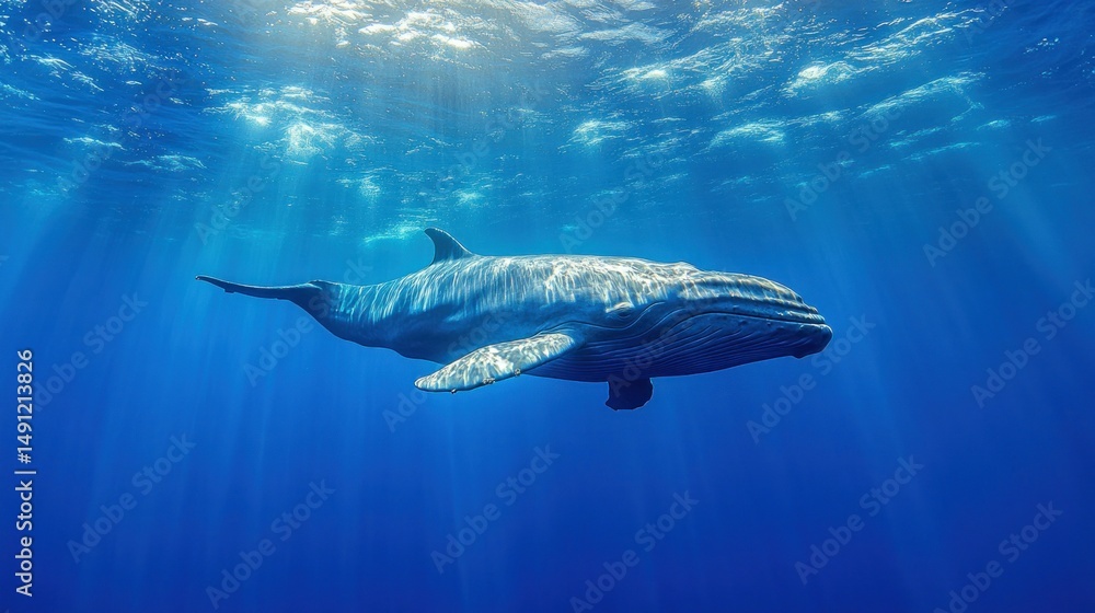 Fototapeta premium Humpback Whale swimming ocean sunbeams deep sea